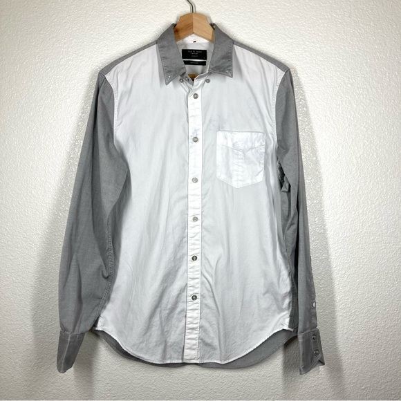Rag & Bone Mens Button Down Slim Fit Shirt Small White Gray Oxford Long Sleeve - Picture 1 of 16